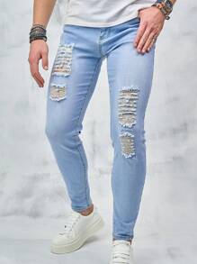 Men's Skinny Ripped Jeans - Light Wash - View 8