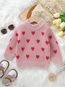 Baby Girls' Heart Patterned Round Neck Sweater - Pink - View 1