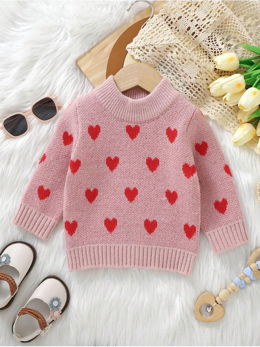 Baby Girls' Heart Patterned Round Neck Sweater - Pink - View 1