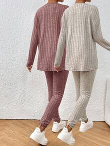 SHEIN Frenchy Solid Color Knit Round Neck Long Sleeve Pants Casual Two-Piece Set - Multicolor - View 2