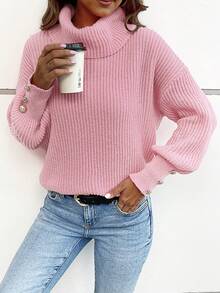 Women's Loose High Neck Sweater, Casual & Formal Ribbed Knit Long Sleeve Pullover, Button Design, Dry Rose Pattern - Baby Pink - View 10