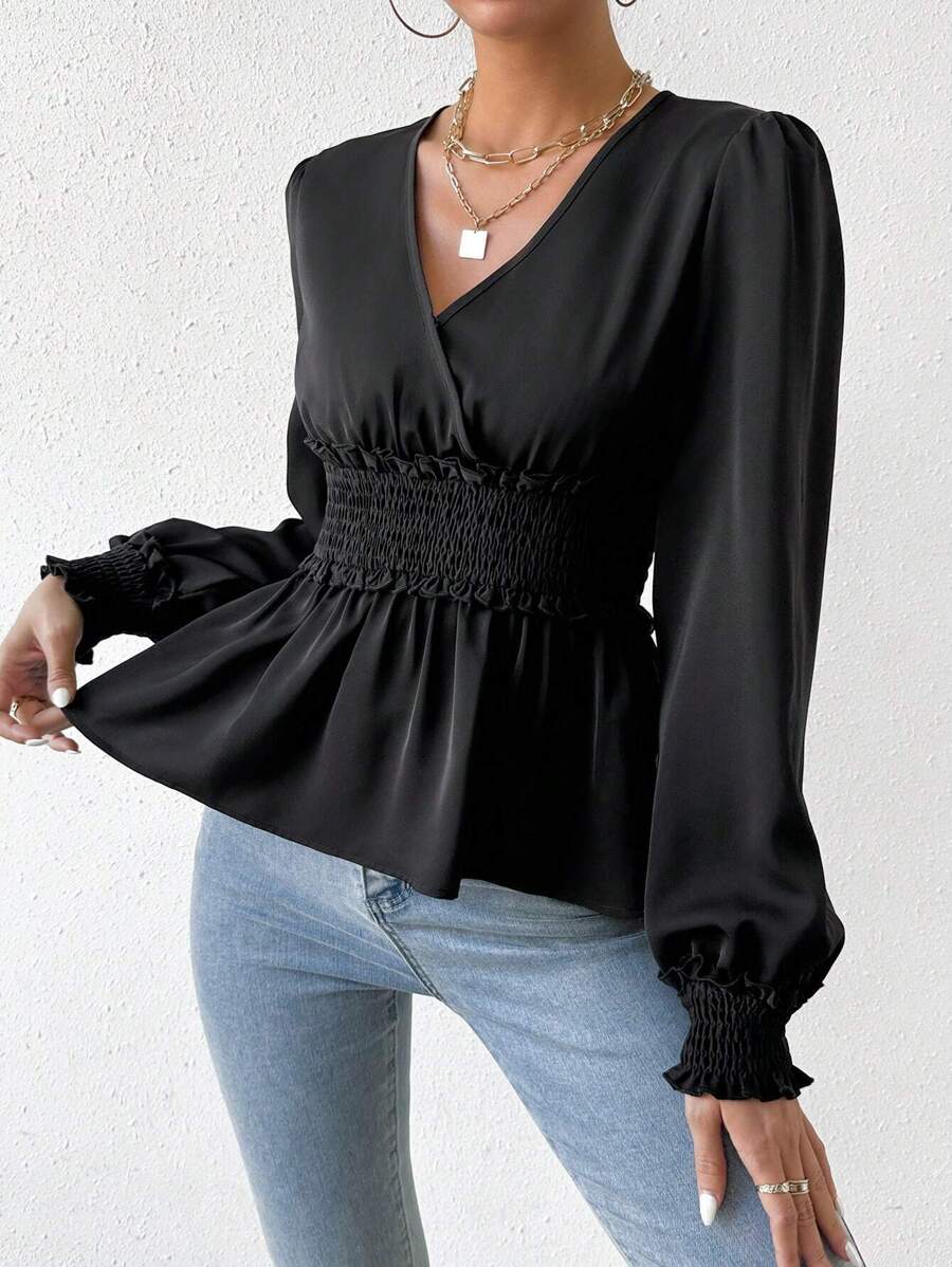 SHEIN Privé Của phụ nữ Eo Bọc Xù Hoa Sen Áo sơ mi - màu đen - Xem 1