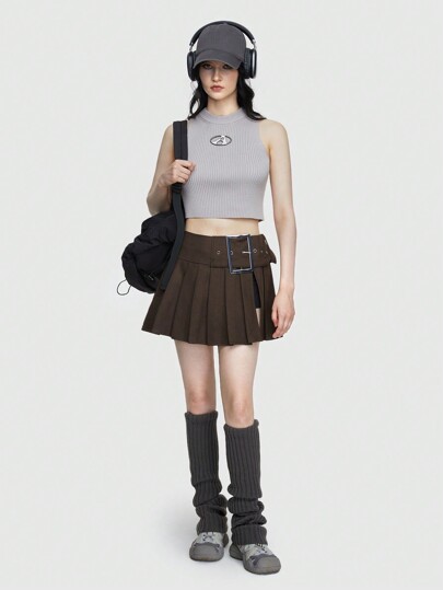 Grunge Punk Streetwear Sexy Vintage Style Fitted Knit Vest Top With Metallic Letter Detail On The Chest, Suitable For Outdoor Activities