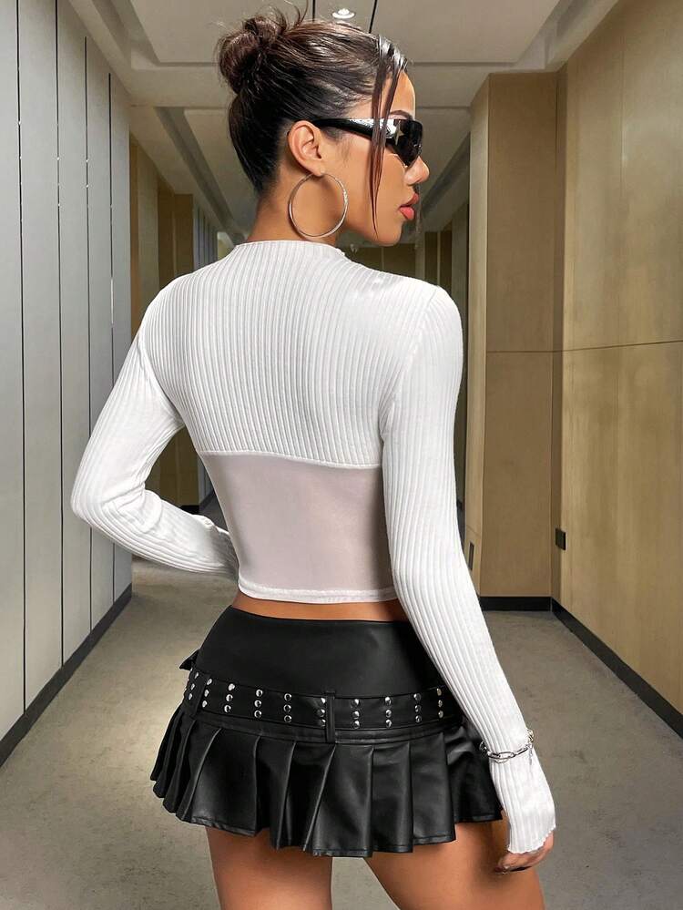 Mesh Panel Cropped Knit Pullover Fall Winter Sweater