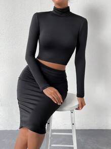 Zolique Mock Neck Crop Tee & Bodycon Skirt - Black - View 1