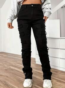 Tween Girl Casual Solid Color Jeans With Frayed Hem - màu đen - Xem 1