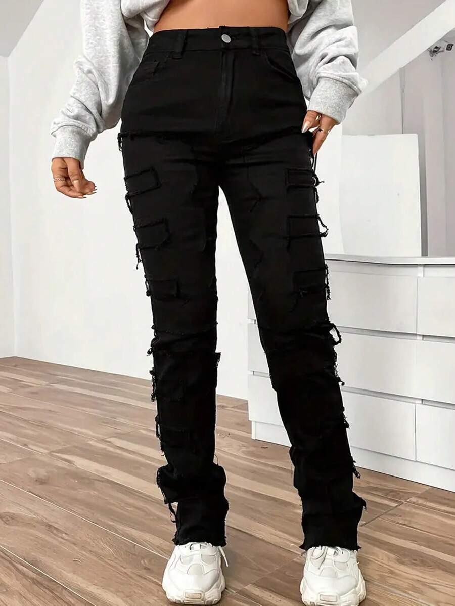 Tween Girl Casual Solid Color Jeans With Frayed Hem - màu đen - Xem 1