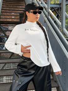 SHEIN EZwear Große Größe T-Shirt mit Buchstaben Grafik, Rollkragen - Weiss - Übersicht 5