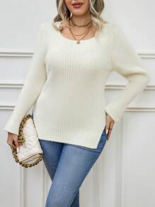 SHEIN Frenchy Kích thước lớn Chất rắn Bên Khe Áo len dệt kim - Màu be - Xem 1
