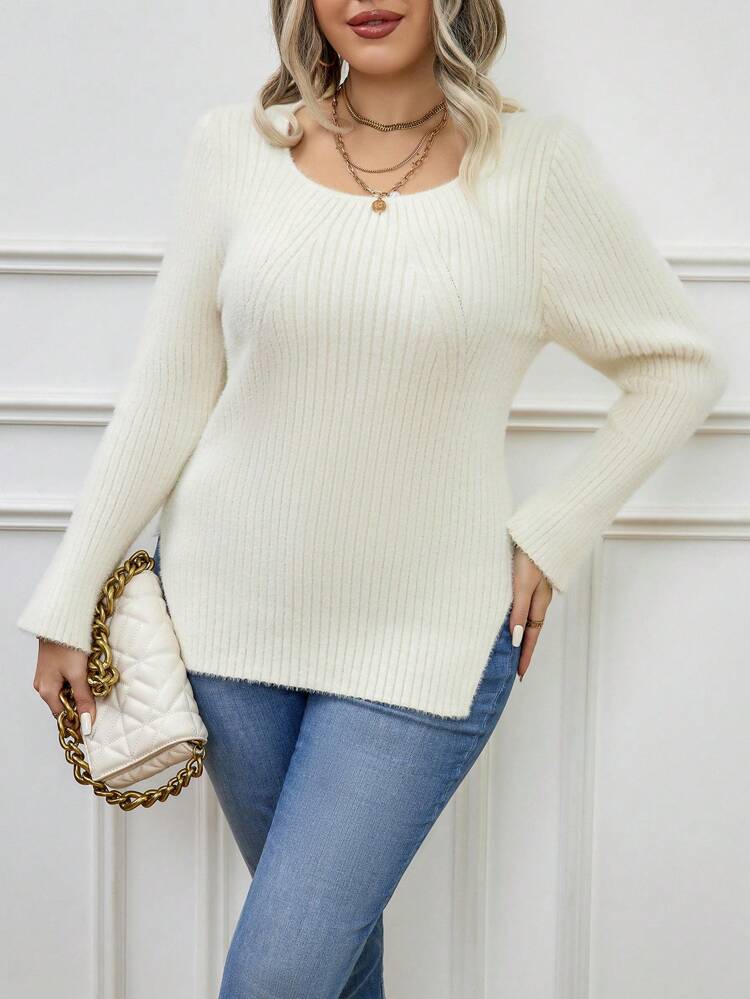 Plus Size Solid Side Slit Knit Sweater