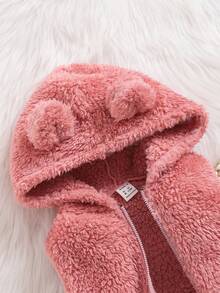 SHEIN 3pcs Em bé Cô gái Bộ Bao gồm Chi tiết Ruffle Tay áo dài Áo , 	
Fuzzy áo có mũ Áo vest Và Quần - Hồng - Xem 4