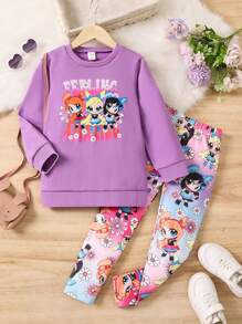 SHEIN 少女卡通圖案長袖長褲兩件套 - 紫色 - 查看 1