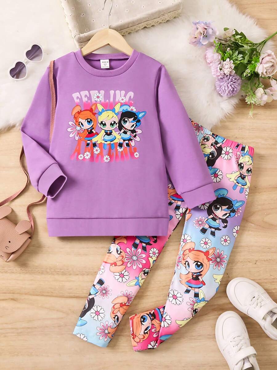 SHEIN 少女卡通圖案長袖長褲兩件套 - 紫色 - 查看 1