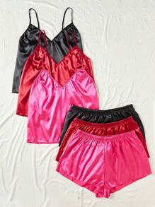 加大码3件套纯色缎面睡衣套装