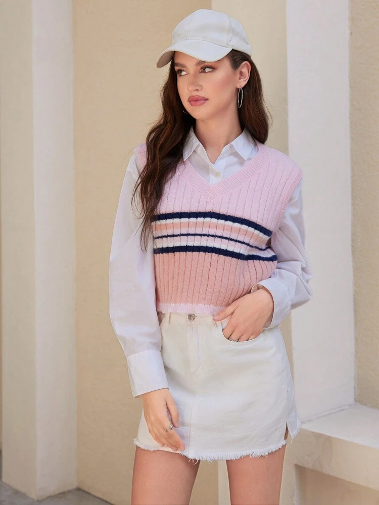 1pc V-Neck Striped Sweater Vest