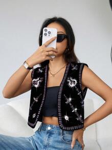 Aveloria Beaded Embroidery Vest Jacket - Black - View 1