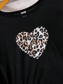 Sparklyn 2pcs Teenage Girls' Leopard Print Heart Long Sleeve T-shirt And Leggings Set - Black - View 5