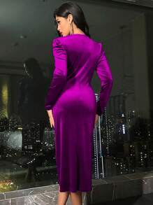 SHEIN Clasi 泡泡袖交叉包身絲絨連衣裙 - 中紫紅色 - 查看 2