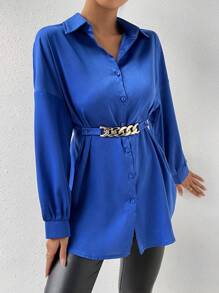 SHEIN Frenchy 落肩袖褶皺細節鏈條細節腰帶襯衫 - 寶藍色 - 查看 4