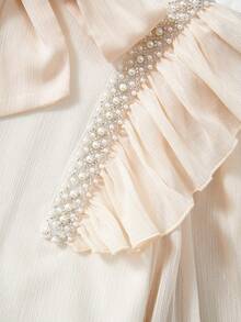 SHEIN 青少年女孩編織純色立領透明網紗襯衫,蕾絲飾邊 - 米色 - 查看 5