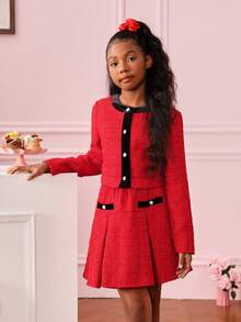 SHEIN Traje De Vestido De Moda Tejido Para Niñas Inspirado En Bloques De Colores - Rojo - Ver 5