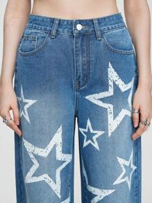 ROMWE Street Life Ladies' Straight-leg Light Blue Star Printed Jeans - Light Wash - View 6