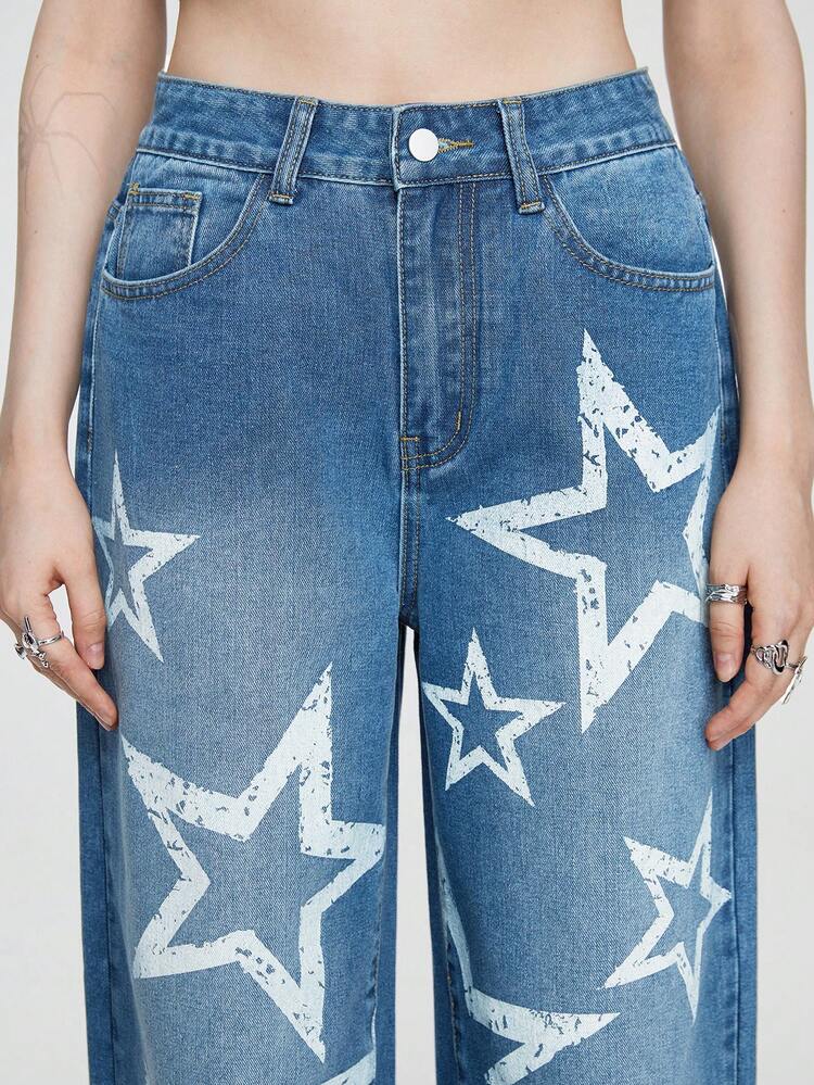Ladies' Straight-leg Light Blue Star Printed Jeans