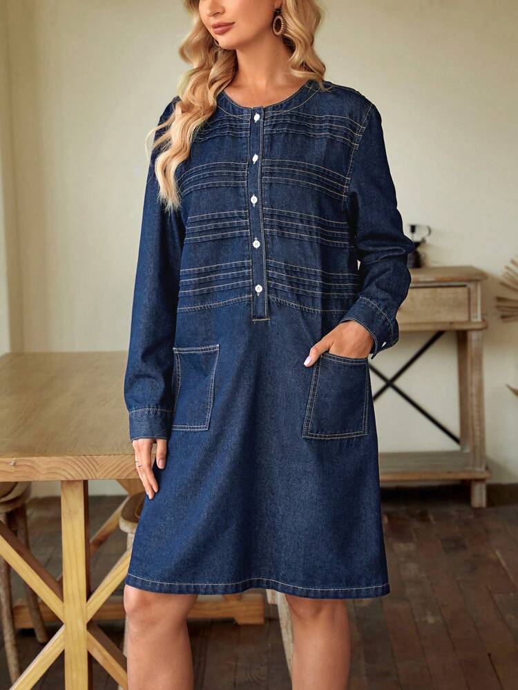 Contrast Topstitch Edge & Double Pocket Denim Dress