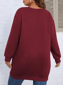 Flirla Plus Heart Print Drop Shoulder Sweatshirt, Winter Pullover Fall Sweatshirt - Burgundy - View 2