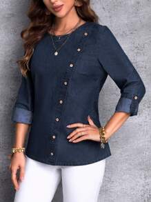 EMERY ROSE 斜插襟丹寧布上衣,捲起袖子的設計