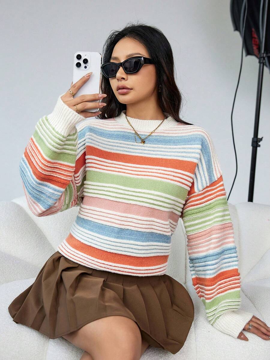 GENKIRA Drop Shoulder Striped Knit Pullover Fall Winter Sweater - Multicolor - View 1