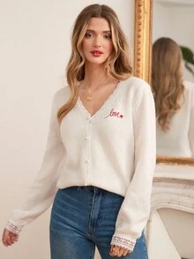 SHEIN Frenchy 休閒女裝打底衫,帶蕾絲邊和珍珠鈕扣,情人節毛衣 - 粉色 - 查看 4