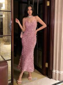 DAZY 女士闪亮美人鱼尾亮片吊带背心返校节礼服舞会礼服派对女士 - 粉色 - 查看 3