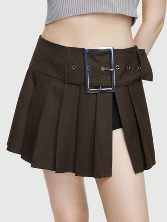 Grunge Punk Mini-jupe Plissée Maillard Avec Grande Boucle Décorative