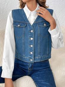 SHEIN Frenchy Denim Vest With Flip Detail, Button Up - Dark Wash - View 5