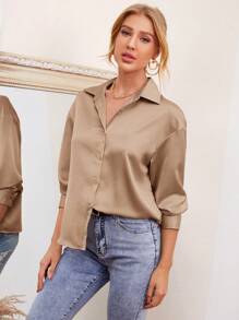 BizChic Drop Shoulder Satin Shirt Workwear - Khaki - View 3