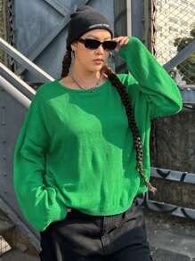 SHEIN EZwear Kích thước lớn Xu hướng: Cắt giảm Màu thuần Áo chui đầu Áo len Với Trở lại Chi tiết cà vạt - màu xanh lá - Xem 5