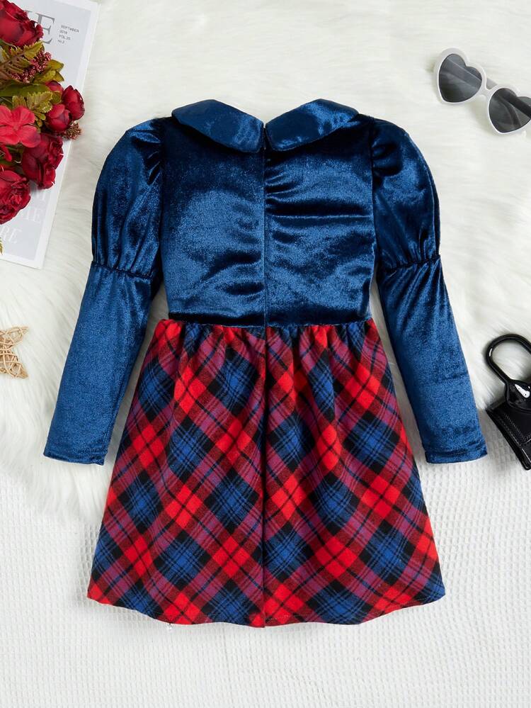 Girls' (Little) Plaid Patchwork Puff Sleeve Dress