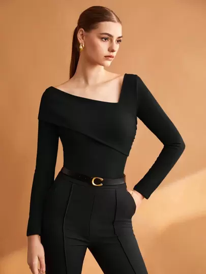 BizChic 女士黑色不对称领口弹力T恤，商务休闲装，适合教师、办公室、学校、外出，基本款上衣，复古风格