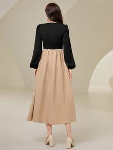 Mulvari 女士彩色拼接燈籠袖前扣式連衣裙 - 彩色 - 查看 2