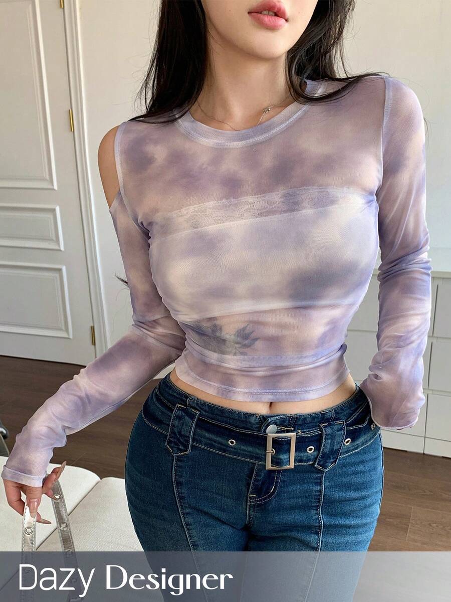 Dazy Designer 女式縫染剪裁短款上衣,肩部中空雕花設計 - 紫色 - 查看 1