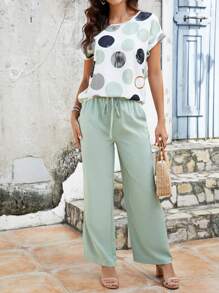 EMERY ROSE 女士彩點印花短袖上衣和斜口袋長褲套裝 - 薄荷綠 - 查看 3