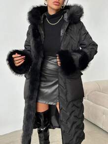 SHEIN Cottnline Patchwork Hem Long Padded Coat - Black - View 1