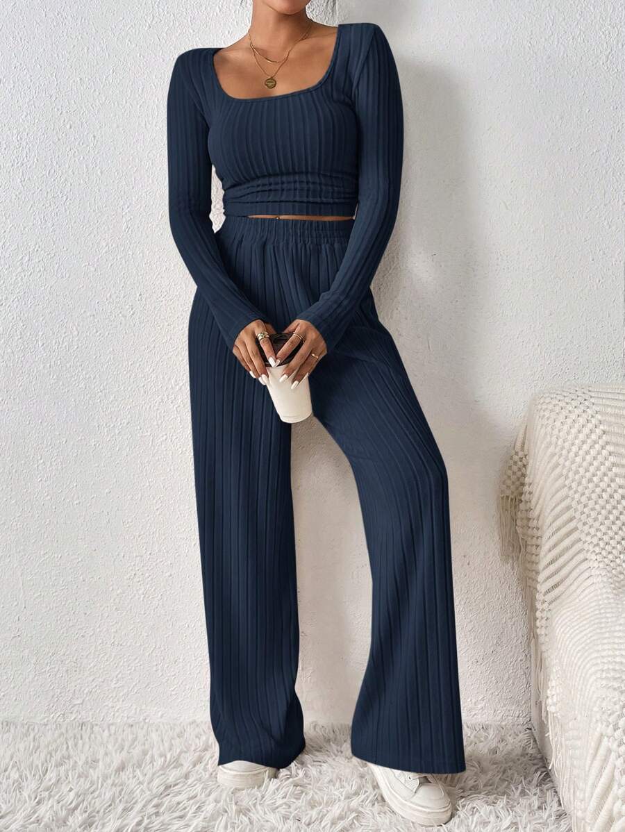 SHEIN Frenchy 女士短款上衣和长裤条纹纹理面料两件套机场装，女士春秋休闲罗纹针织长袖常规版型海军蓝常规袖 T 恤裤女士两件套服装，休闲日常穿着 - 藏蓝色 - 查看 1