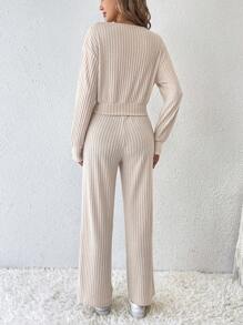 SHEIN Frenchy Màu thuần Cổ chữ V Giải trí Hai chiếc Bộ - Màu be - Xem 2