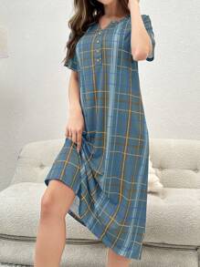 Plaid Printed Short Sleeve Sleep Dress Pajama Dress