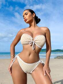 SHEIN Swim Bộ bikini quây liền mảnh chắp vá màu sắc Lễ hội âm nhạc Bãi biển mùa hè - trắng - Xem 4