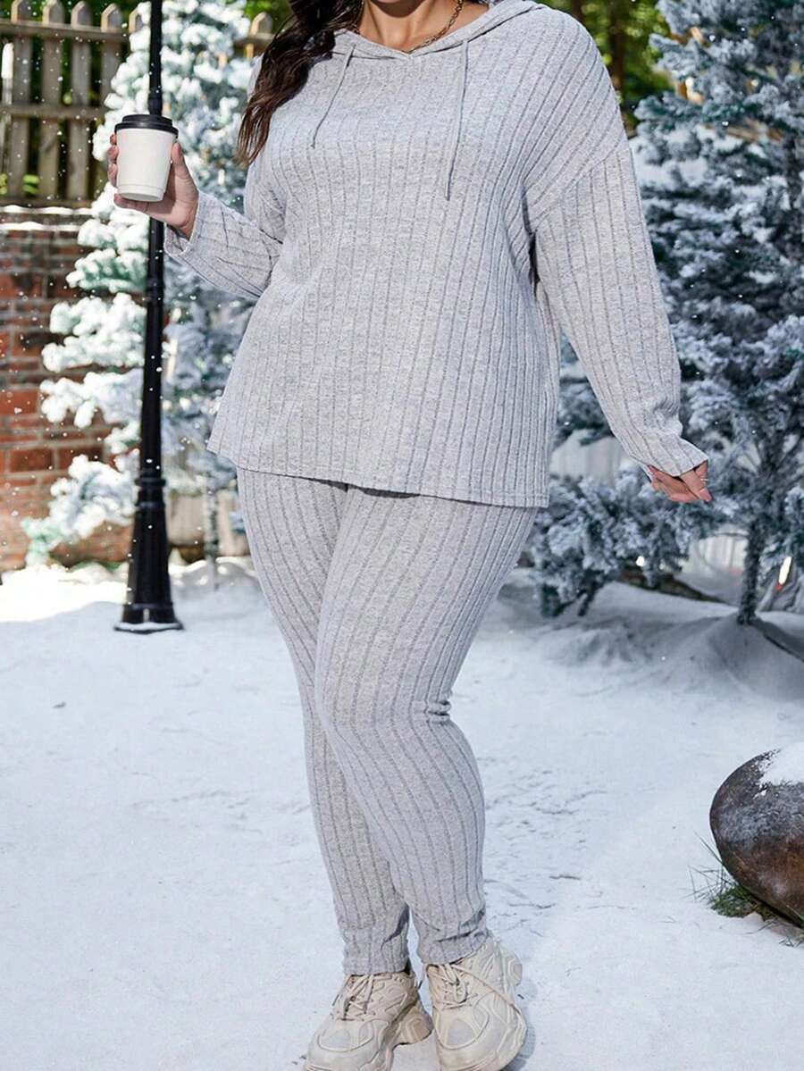 SHEIN CURVE+ Plus Drop Shoulder Hooded Tee & Leggings - Grey - View 1