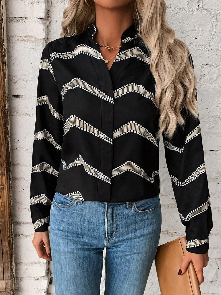 Women's Polka Dot Shirt With Notched V-neck