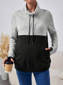 SHEIN Maternity Turtleneck Contrast Color Nursing Pullover - Grey - View 5